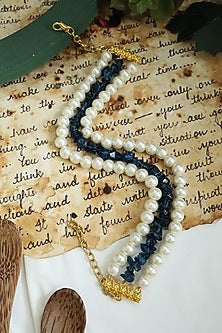 Gold Plated Navy Blue Natural Stone & Pearl Necklace