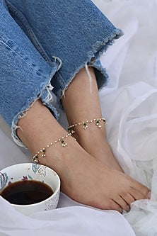 Gold Finish Onyx & Pearl Adjustable Anklets (Set of 2)