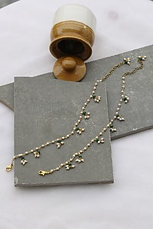 Gold Finish Onyx & Pearl Adjustable Anklets (Set of 2)