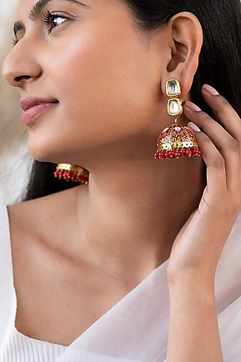 Red Meenakari Jhumka Earrings.