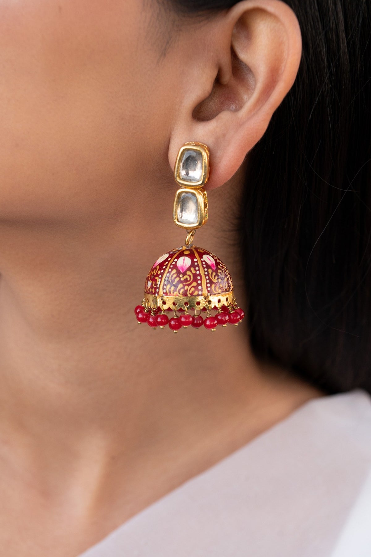 Red Meenakari Jhumka Earrings.