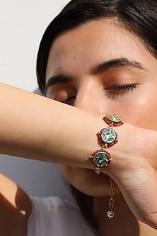 Gold Finish Kundan Polki Meenakari Adjustable Bracelet