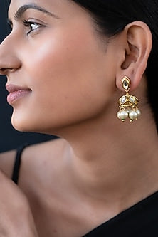 Gold Finish Kundan Polki Jhumka Earrings.