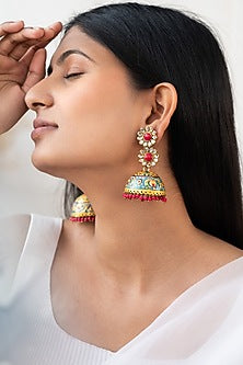 Gold Finish Kundan Polki Jhumka Earrings.