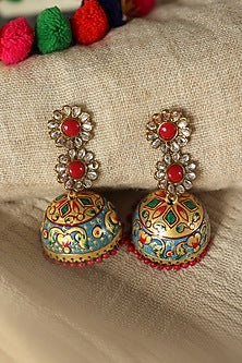Gold Finish Kundan Polki Jhumka Earrings.