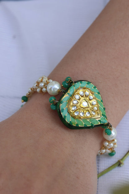 Gold Finish Natural Stone & Pearl Adjustable Bracelet