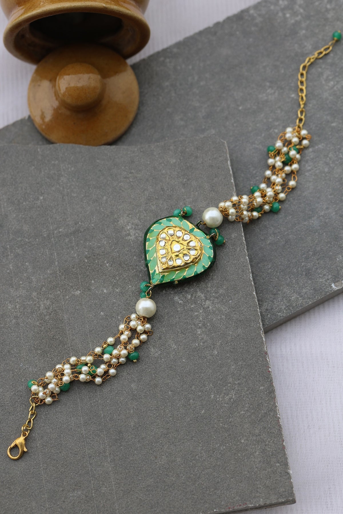 Gold Finish Natural Stone & Pearl Adjustable Bracelet