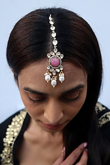 Gold Finish Kundan Polki & Pearl Maangtikka