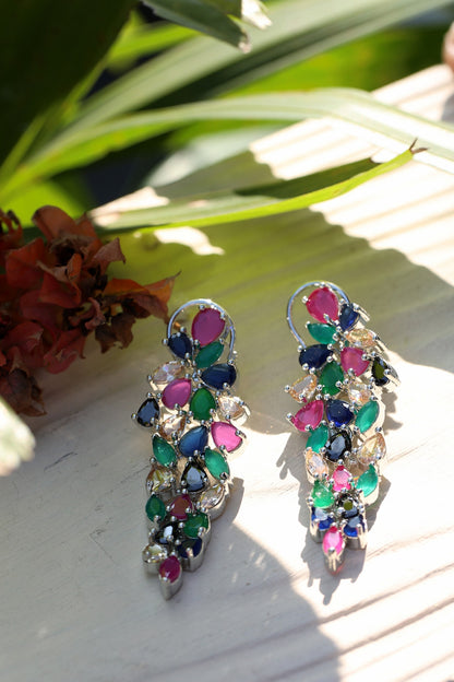 Gold Finish Multi-Colored Natural Stone Dangler Earrings