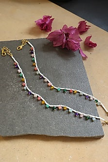 Gold Finish Multi-Colored Natural Stone & Pearl Anklets (Set of 2)