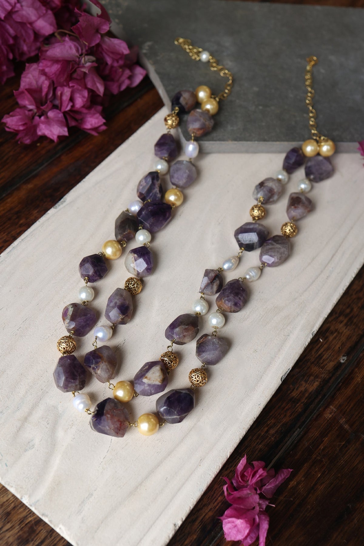 Gold Finish Amethyst Stone & Shell Pearl Necklace