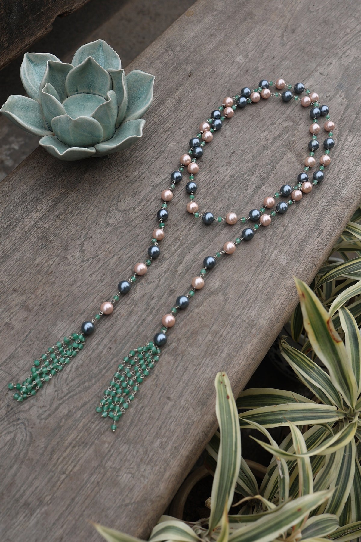 Gold Finish Stone & Pearl Adjustable Necklace