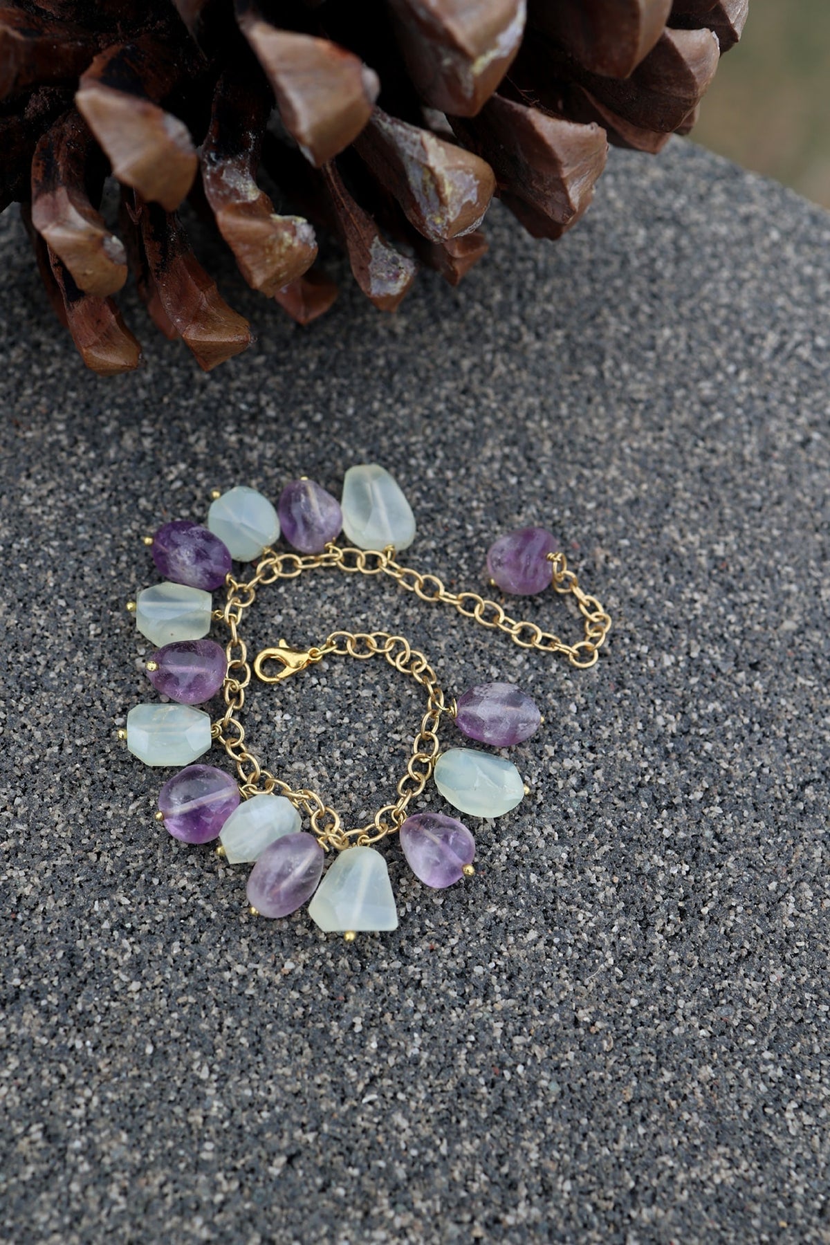 Gold Finish Amethyst & Mint Stone Adjustable Bracelet