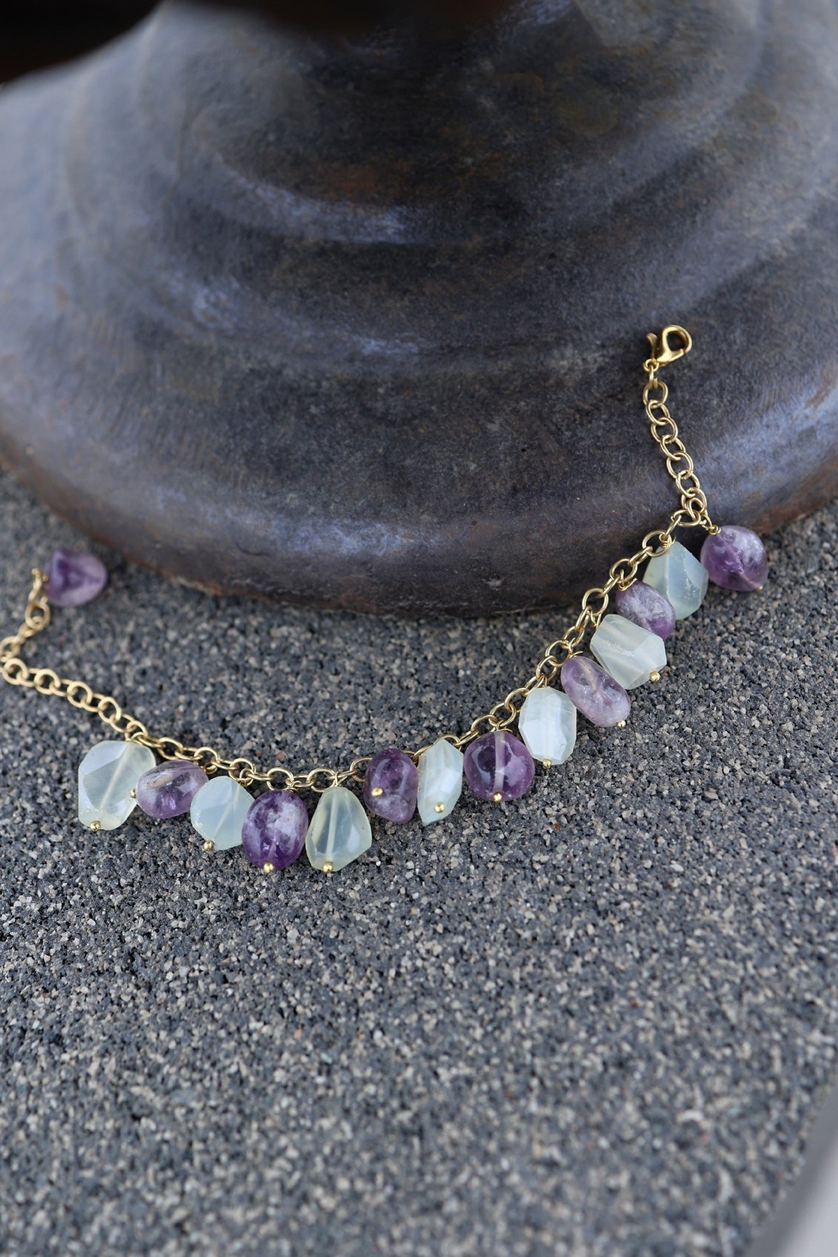 Gold Finish Amethyst & Mint Stone Adjustable Bracelet