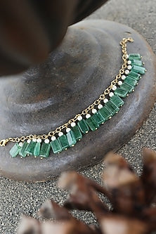 Gold Finish Green Agate Stone & Shell Pearl Adjustable Bracelet
