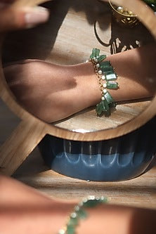 Gold Finish Green Agate Stone & Shell Pearl Adjustable Bracelet