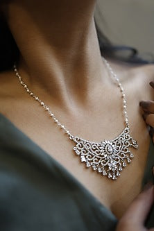 White Rhodium Finish Faux Diamond & Pearl Necklace