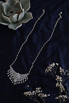 White Rhodium Finish Faux Diamond & Pearl Necklace