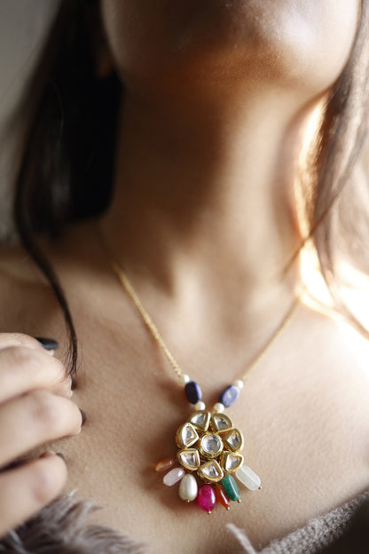 Gold Finish Multi-Colored Natural Stone & Kundan Polki Necklace