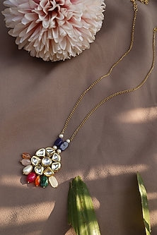 Gold Finish Multi-Colored Natural Stone & Kundan Polki Necklace