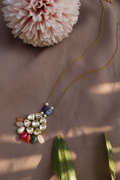 Gold Finish Multi-Colored Natural Stone & Kundan Polki Necklace