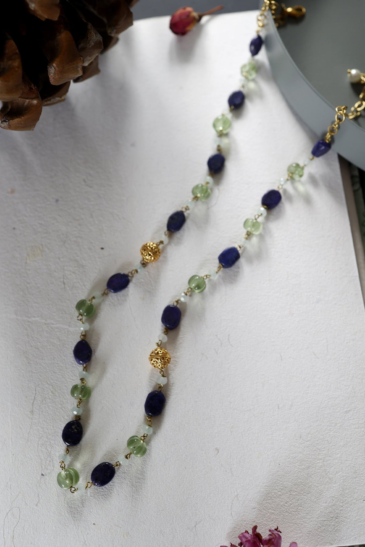 Gold Finish Fluorite Stone & Onyx Necklace