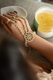 Gold Plated Kundan Polki & Pearl Hathphool