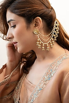 Gold Plated Kundan Polki & Blue Onyx Kaan Chain Earrings