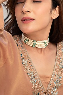 Gold Plated Pearl & Mint Fluorite Stone Choker Necklace