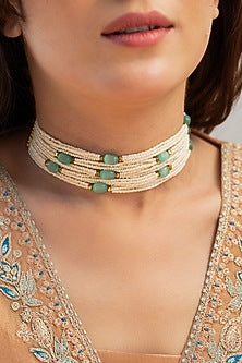 Gold Plated Pearl & Mint Fluorite Stone Choker Necklace