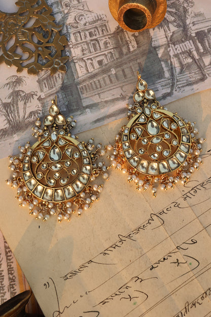 Gold Plated Kundan Polki & Pearl Dangler Earrings