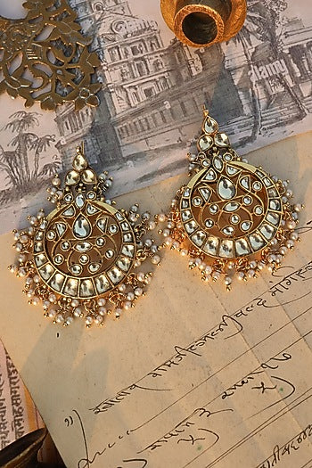 Gold Plated Kundan Polki & Pearl Dangler Earrings