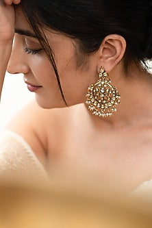 Gold Plated Kundan Polki & Pearl Dangler Earrings