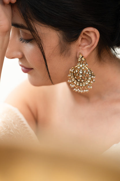 Gold Plated Kundan Polki & Pearl Dangler Earrings
