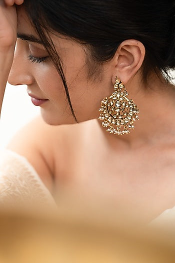 Gold Plated Kundan Polki & Pearl Dangler Earrings