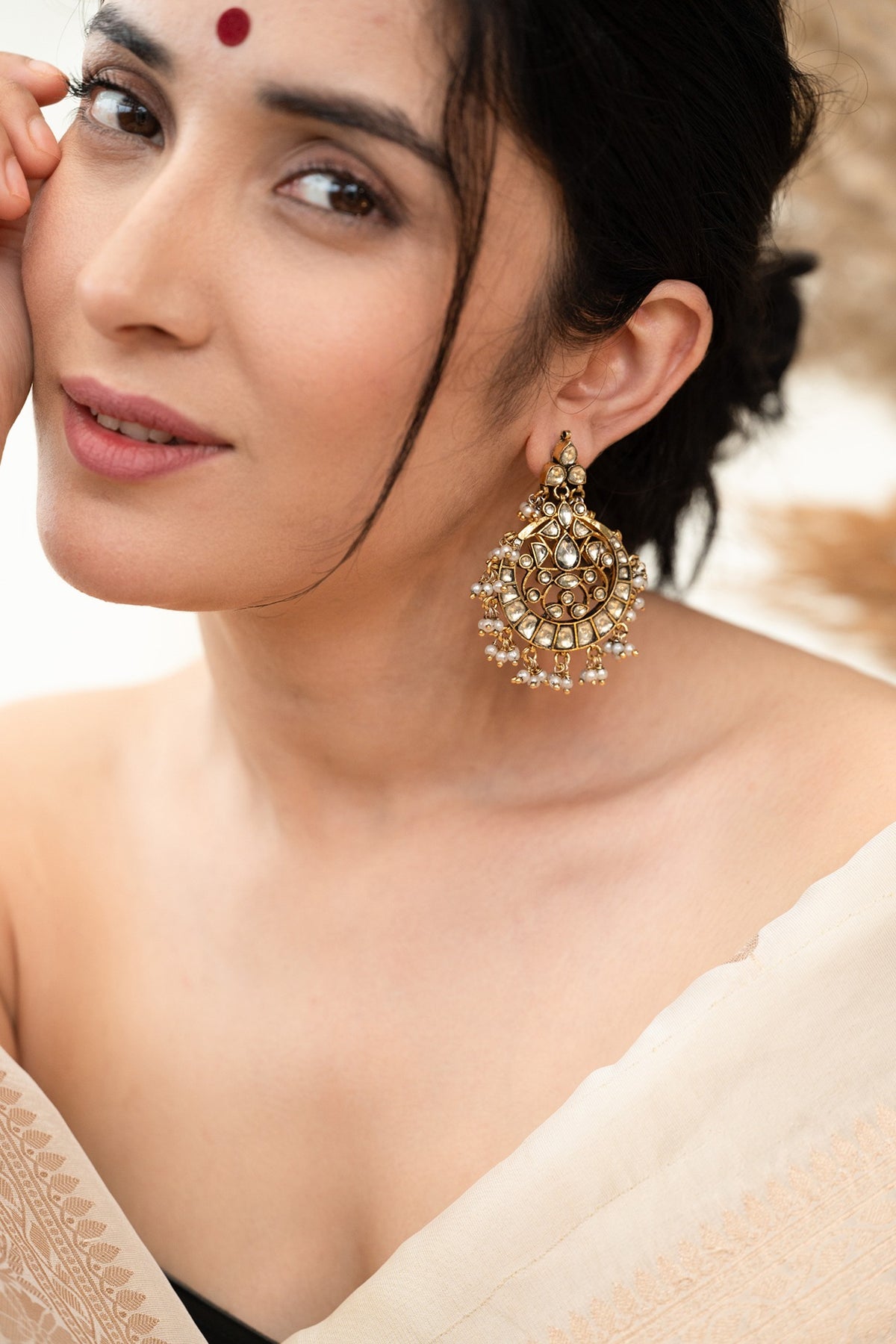 Gold Plated Kundan Polki & Pearl Dangler Earrings