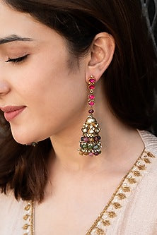 Gold Plated Kundan Polki & Tourmaline Stone Jhumka Earrings