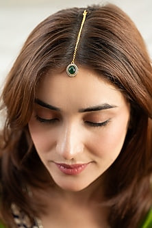 Gold Plated Cubic Zirconia & Green Stone Maangtikka