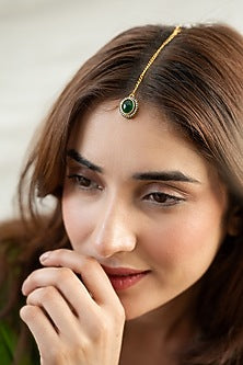 Gold Plated Cubic Zirconia & Green Stone Maangtikka