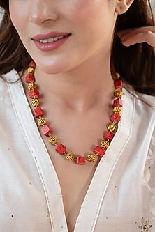 Gold Plated Orange Natural Stone Necklace