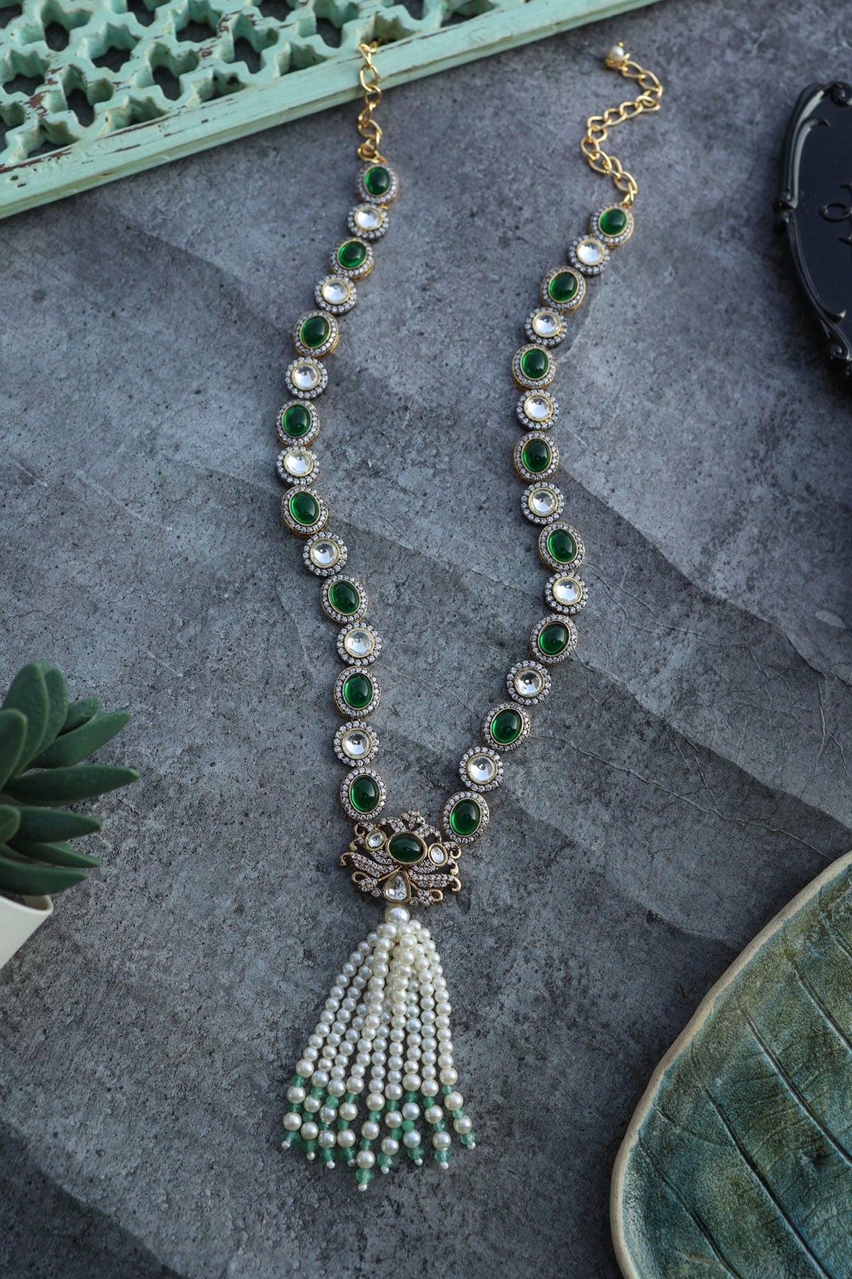 Gold Plated Green Polki & Cubic Zirconia Necklace