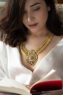Gold Plated Red & Green Stone Floral Pendant Temple Necklace
