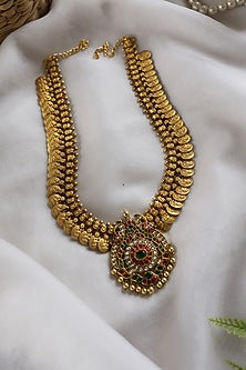 Gold Plated Red & Green Stone Floral Pendant Temple Necklace