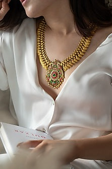 Gold Plated Red & Green Stone Floral Pendant Temple Necklace