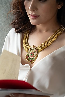 Gold Plated Red & Green Stone Floral Pendant Temple Necklace