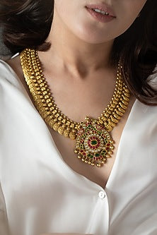 Gold Plated Red & Green Stone Floral Pendant Temple Necklace