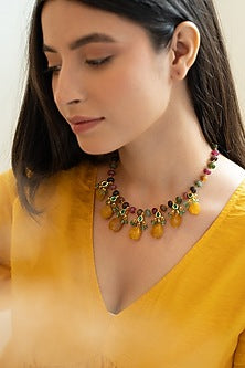 Gold Plated Kundan & Yellow Stone Necklace