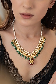 Gold Plated Green & Red Stone Necklace