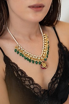 Gold Plated Green & Red Stone Necklace