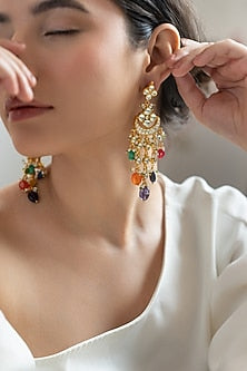 Gold Plated Floral Kundan & Multi-Colored Stone Dangler Earrings